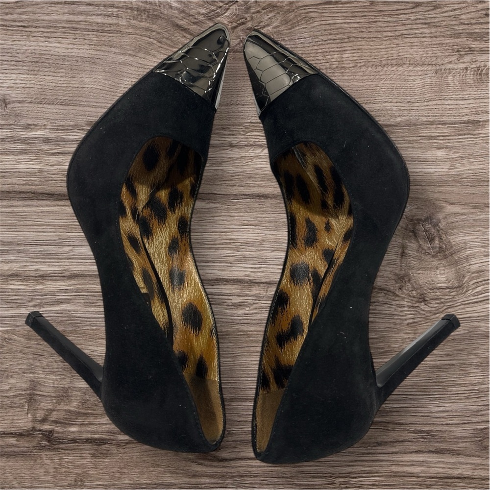 Roberto Cavalli Black Leather Metal Cap Toe Pumps Size 7 Black and Silver - Picture 3 of 9